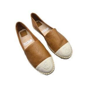 TORY BURCH Sz 11 women flats Color Block  espadrille tan/ off white leather new